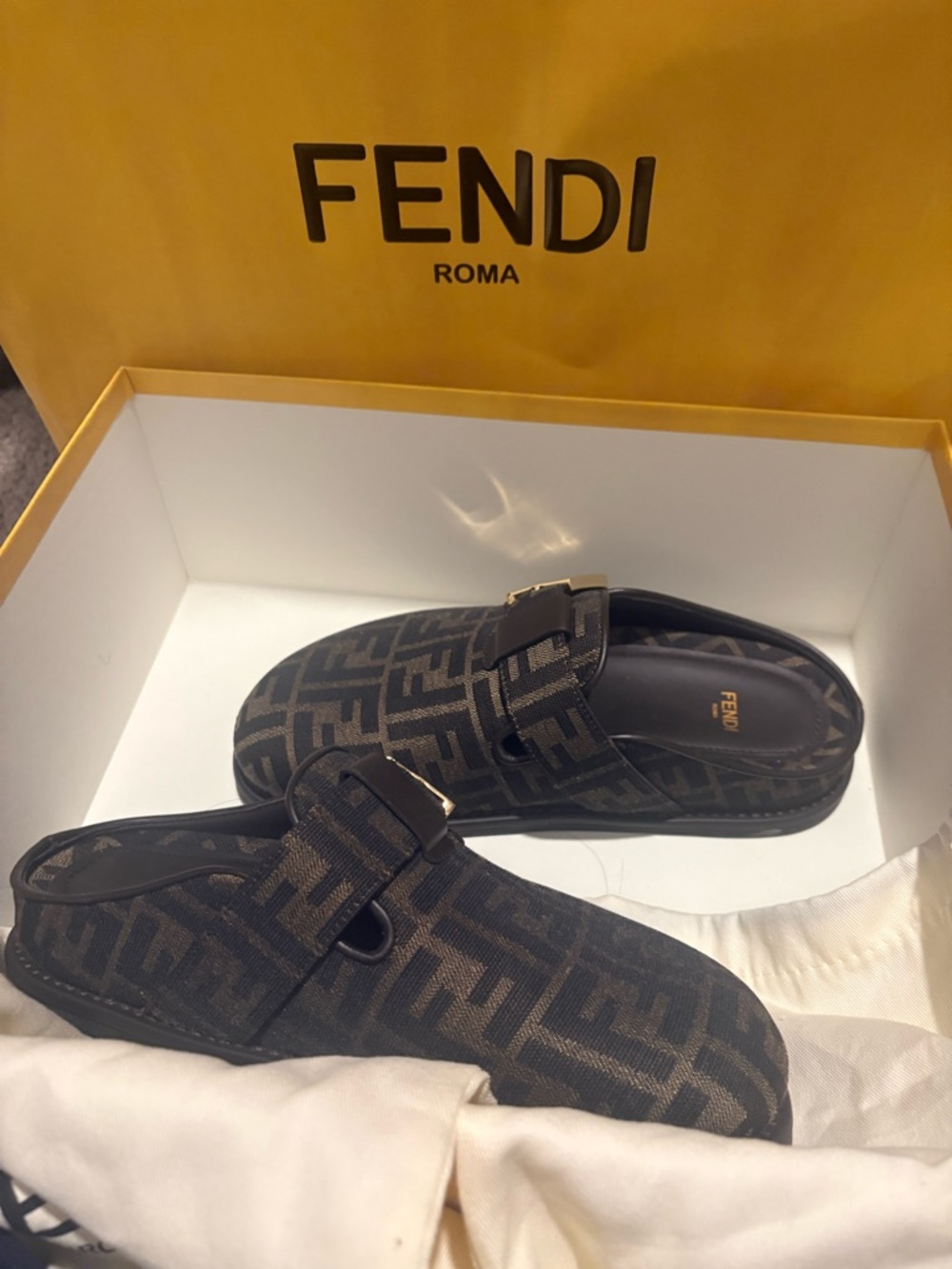 Fendi Brown & Black FF Logo Buckle Slip-On Mules - Picture 3 of 4